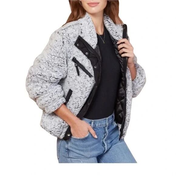 Blank NYC Long Sleeve Full Zip Sherpa Fleece Cropped Jacket Gray Medium - Picture 1 of 5
